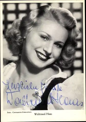 Ak Schauspielerin Waltraut Haas, Portrait, Autogramm