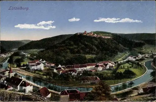 Ak Lützelburg Lützelbourg Lothringen Moselle, Panorama der Stadt, Flussbiegung
