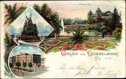 Litho Düsseldorf am Rhein, Floragarten, Oberpostdirektion, Provinzial Denkmal
