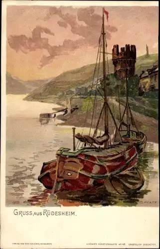 Künstler Litho Pfaff, C., Rüdesheim am Rhein in Hessen, Segelboote, Turm