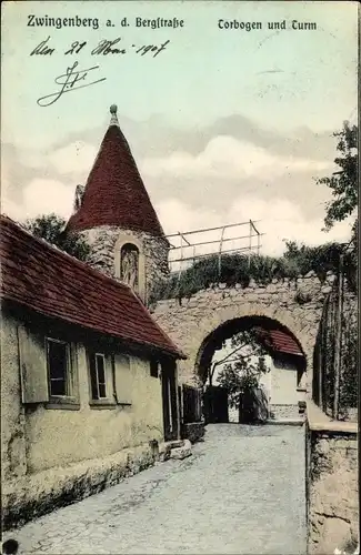 Ak Zwingenberg an der Bergstraße in Hessen, Torbogen und Turm