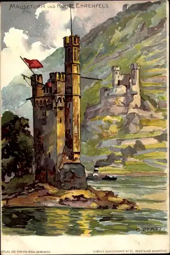 Künstler Litho Pfaff, C., Rüdesheim am Rhein Hessen, Mäuseturm und Ruine Ehrenfels