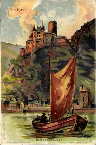 Künstler Litho Sankt Goarshausen am Rhein, Burg Katz, Segelboot