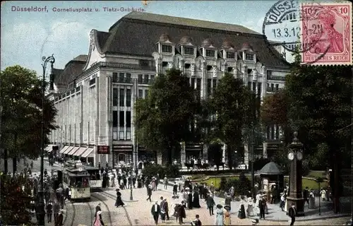 Ak Düsseldorf am Rhein, Corneliusplatz, Tietz Warenhaus, Straßenbahn