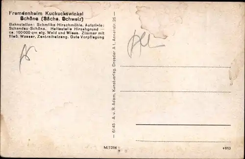 Ak Schöna Sächsische Schweiz, Fremdenheim Kuckuckswinkel