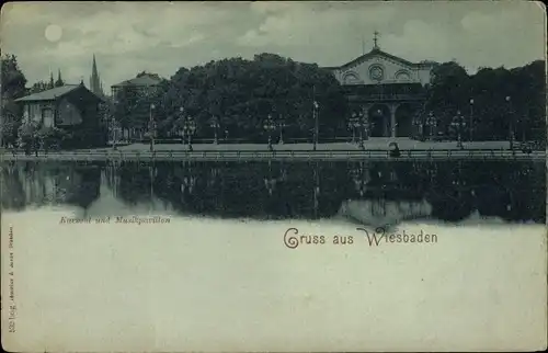 Mondschein Ak Wiesbaden in Hessen, Kursaal und Musikpavillon