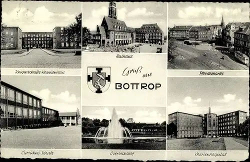 Ak Bottrop im Ruhrgebiet, Pferdemarkt, Rathaus, Knappschaftkrankenhaus, Wappen, Cyriakusschule