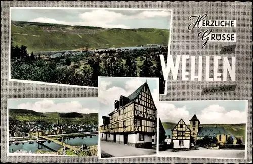 Ak Wehlen Bernkastel Kues an der Mosel, Panoramablick, Fachwerkhäuser, Hängebrücke