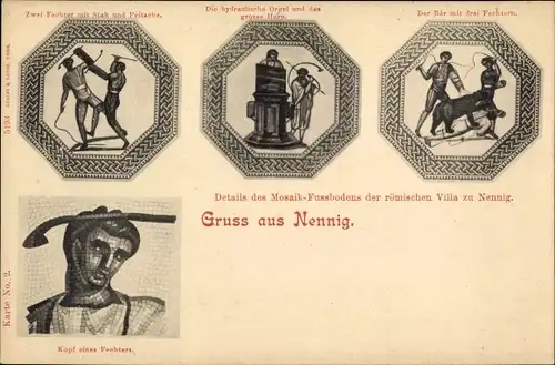 Ak Nennig Perl an der Mosel, Details des Mosaik-Fußbodens in der Römischen Villa, Fechter, Bär