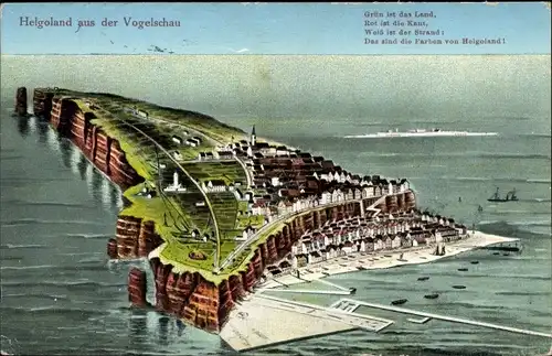 Litho Nordseeinsel Helgoland, aus der Vogelschau