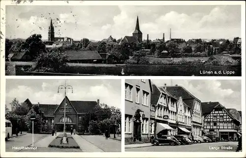 Ak Lünen in Westfalen, Lange Straße, Hauptbahnhof Front, Gesamtansicht