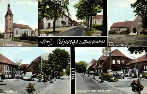 Ak Schwege Glandorf Niedersachsen, Autowerkstatt Erpenbeck, Dorfstrasse, Kirche, Schule, Tankstelle