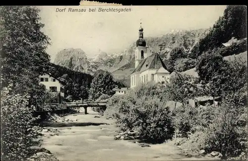 Ak Ramsau im Berchtesgadener Land Oberbayern, Teilansicht, Kirche, Brücke