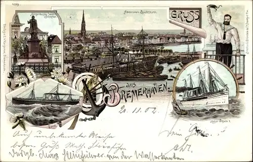 Litho Bremerhaven, Dampfer Kaiser Wilhelm II, Bürgermeister Smidt Denkmal, Seemann, Panorama