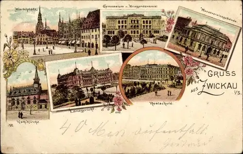 Litho Zwickau in Sachsen, Realschule, Landgericht, Gymnasium, Marktplatz, Kirche