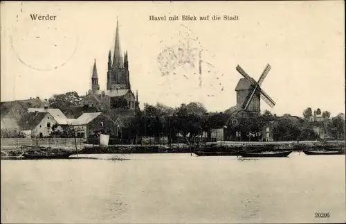 Ak Werder an der Havel, Havelpartie, Stadtpartie, Windmühle