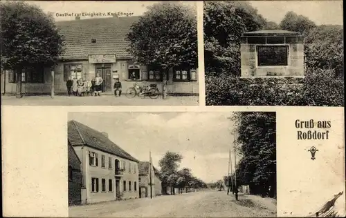 Ak Roßdorf Jerichow in Sachsen Anhalt, Gasthof zur Einigkeit, Denkmal, Straßenpartie