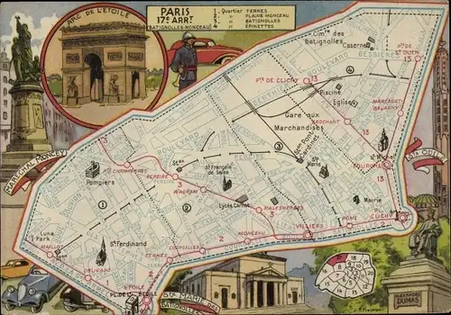 Stadtplan Ak Die Arrondissements von Paris, Arc de l'Etoile, Marechal Moncey