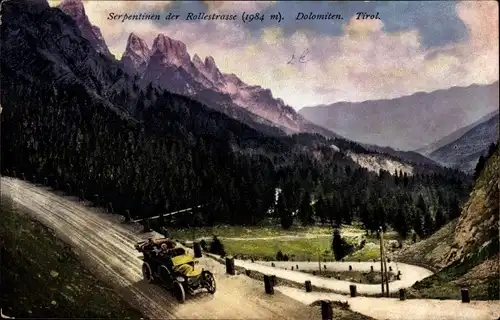 Ak Serpentinen der Rollestraße 1984 m, Automobil, Dolomiten