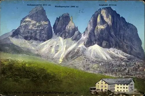 Ak Wolkenstein in Gröden Selva di Valgardena Südtirol Italien, Sellajochhaus mit Langkofelgruppe