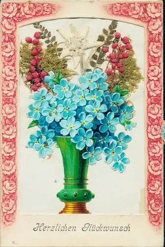 Stoff Ak Glückwunsch, Blumenstrauß, Vergissmeinnicht