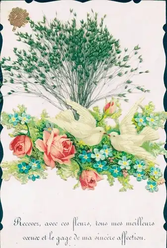 Stoff Ak Liebespaar, Tauben, Rosen, Vergissmeinnicht