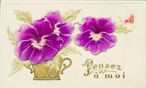 Stoff Ak Stiefmütterchen, Blumenvase, Kitsch