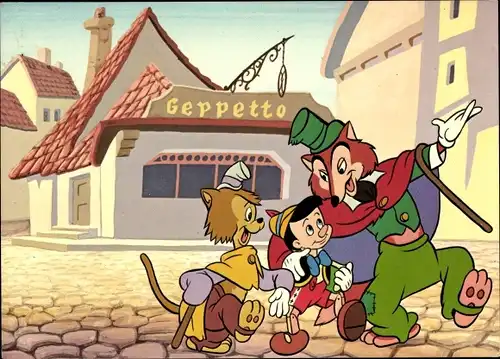 Ak Walt Disney, Pinocchio, Fuchs John Tunichtgut, Katze Giddy