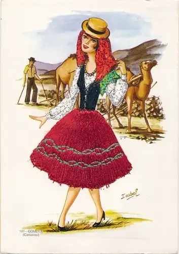 Seidenstick Künstler Ak Isabel, Frau in spanischer Tracht, Gomera, Kamele