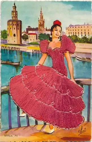 Seidenstick Künstler Ak Frau in rotem Kleid, Sevilla, Spanische Tracht