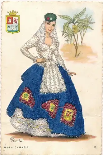Seidenstick Künstler Ak Gumier, E., Gran Canaria, Frau in spanischer Volkstracht, Wappen