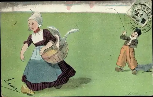 Litho Niederländische Tracht, Frau mit Korb, Kleiner Dieb, Angel