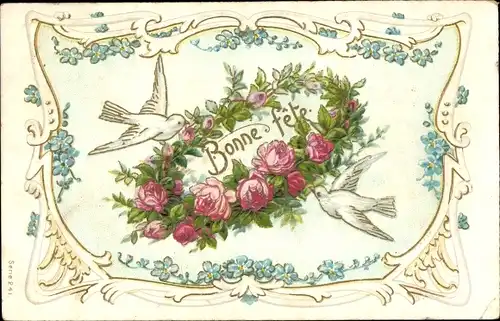 Präge Ak Glückwunsch, Tauben, Rosen, Vergissmeinnicht
