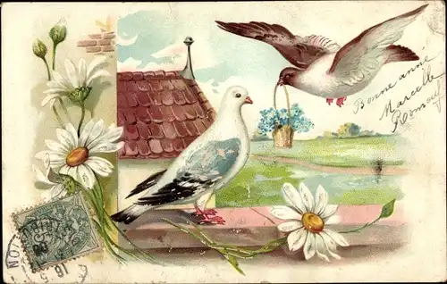 Präge Litho Tauben, Margeriten, Vergissmeinnicht
