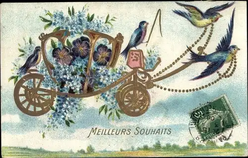 Präge Ak Glückwunsch, Schwalben, Kutsche, Vergissmeinnicht