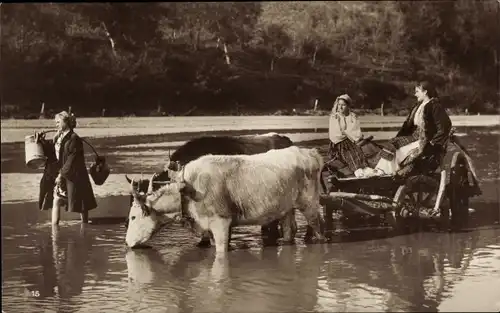 Ak Fuhrwerk im Wasser, Rinder, Tracht, Frauen, Fluss