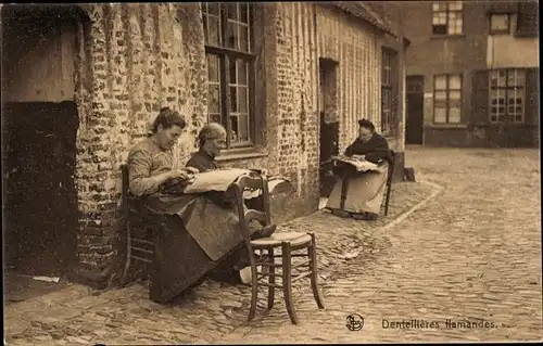 Ak Klöpplerinnen bei der Arbeit, Klöppelwerk, Belgische Tracht