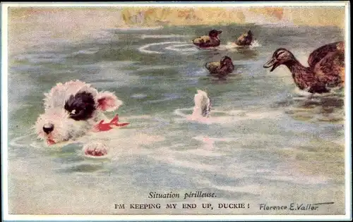 Künstler Ak Valler, F. E., Hund und Enten im Wasser