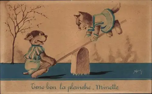 Künstler Ak Hund und Katze beim Wippen