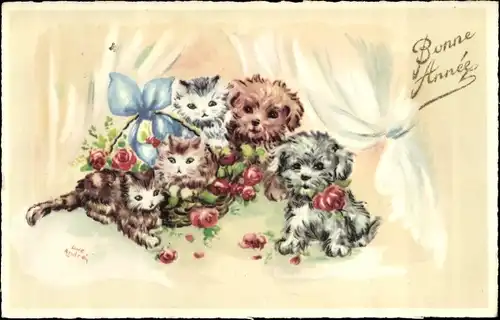Künstler Ak Glückwunsch Neujahr, Hunde, Katzen, Rosen, Korb