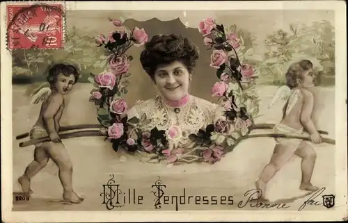 Ak Frau-Portrait, Rosen, Engel, Sänfte, Kitsch