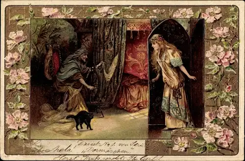 Präge Litho Märchen, Dornröschen, Frau am Spinnrad