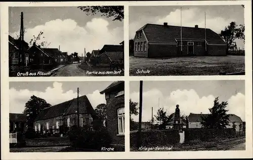 Ak Filsum in Ostfriesland, Schule, Kirche, Kriegerdenkmal