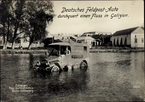Ak Galizien, Deutsches Feldpost-Auto durchquert einen Fluss, I WK