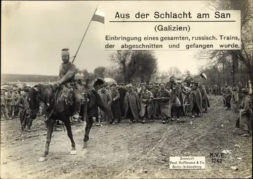 Ak Schlacht am San; Galizien, Kriegsgefangene Russen, deutscher Ulan, I WK