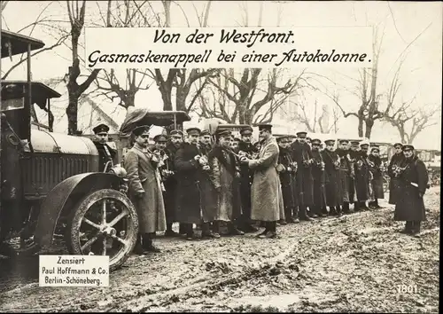 Ak Westfront, Gasmaskenappell bei einer Autokolonne, I WK