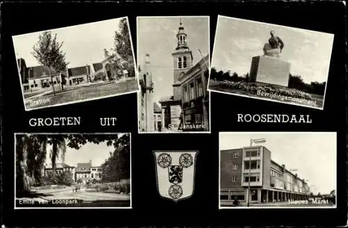 Ak Roosendaal Nordbrabant Niederlande, Station, Bevrijdingsmonument, Markt, Emile van Loonpark