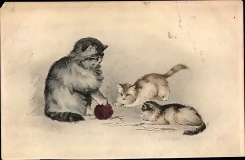 Litho Katzen spielen mit Wollknäuel, Munk 132