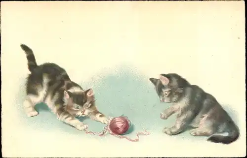 Ak Zwei Katzen spielen mit rotem Wollknäuel