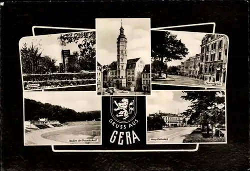 Ak Gera in Thüringen, Stadion der Freundschaft, Hauptbahnhof, Rathaus